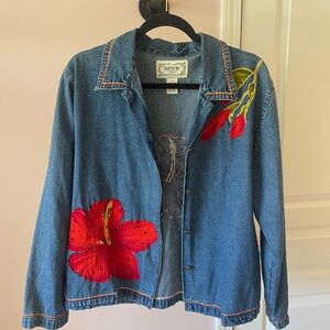 Tantrums Blue Denim Jacket with Red Floral Accents